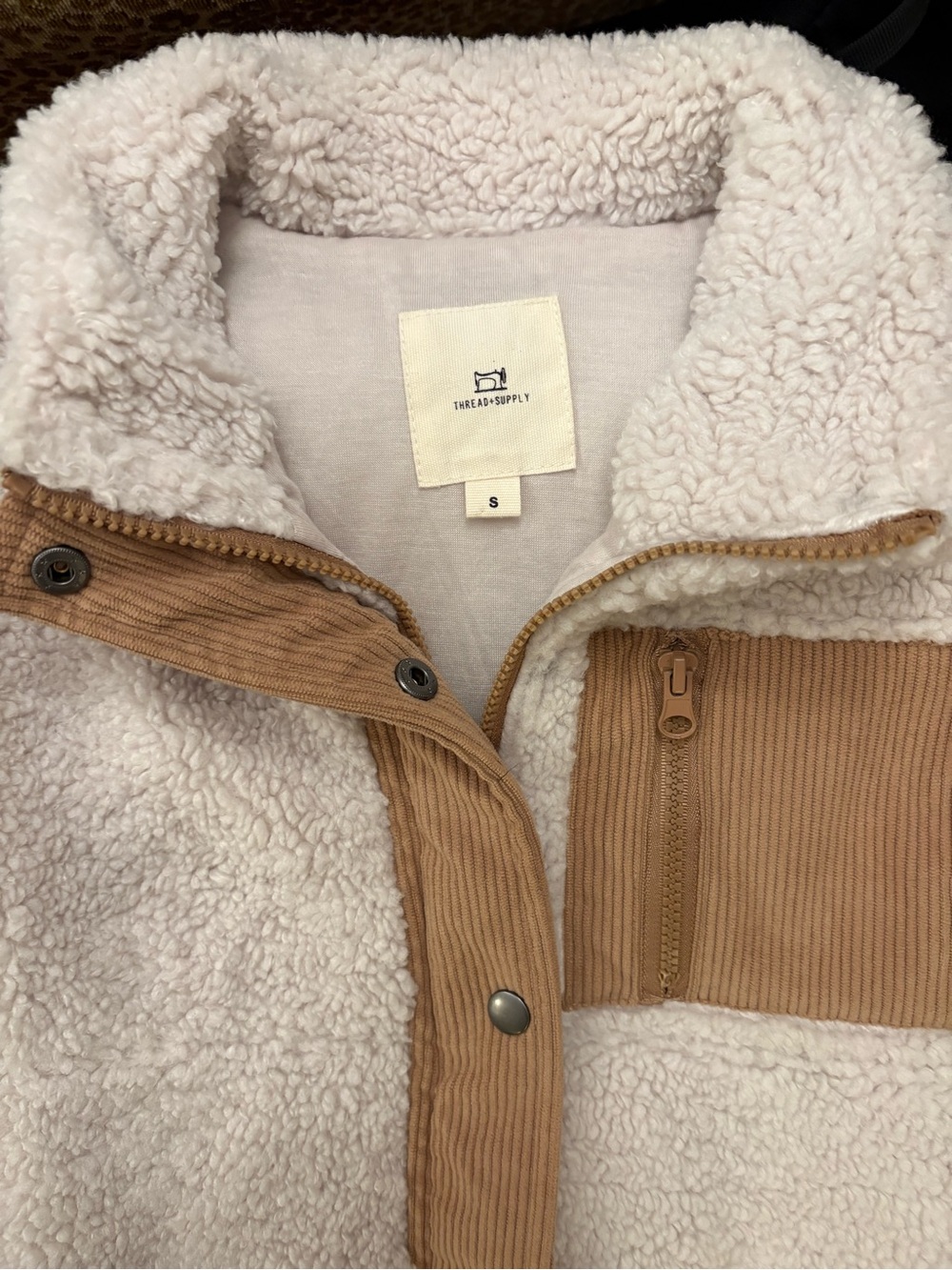 Thread & Supply Cream Sherpa Vest with Tan Corduroy Accents - Picture 2 of 8